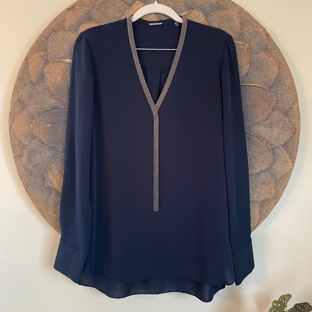 Elie Tahari Emara V-Neck Long-Sleeve Blouse w/ Beaded Trim